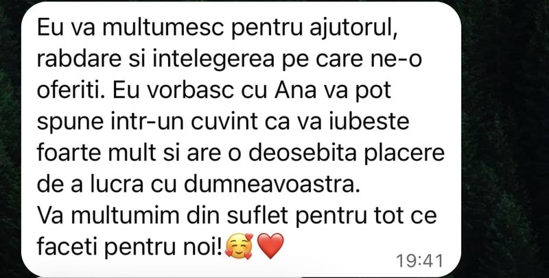 Mesaj de la un părinte: mulțumiri pentru ajutorul, răbdarea și înțelegerea oferite.